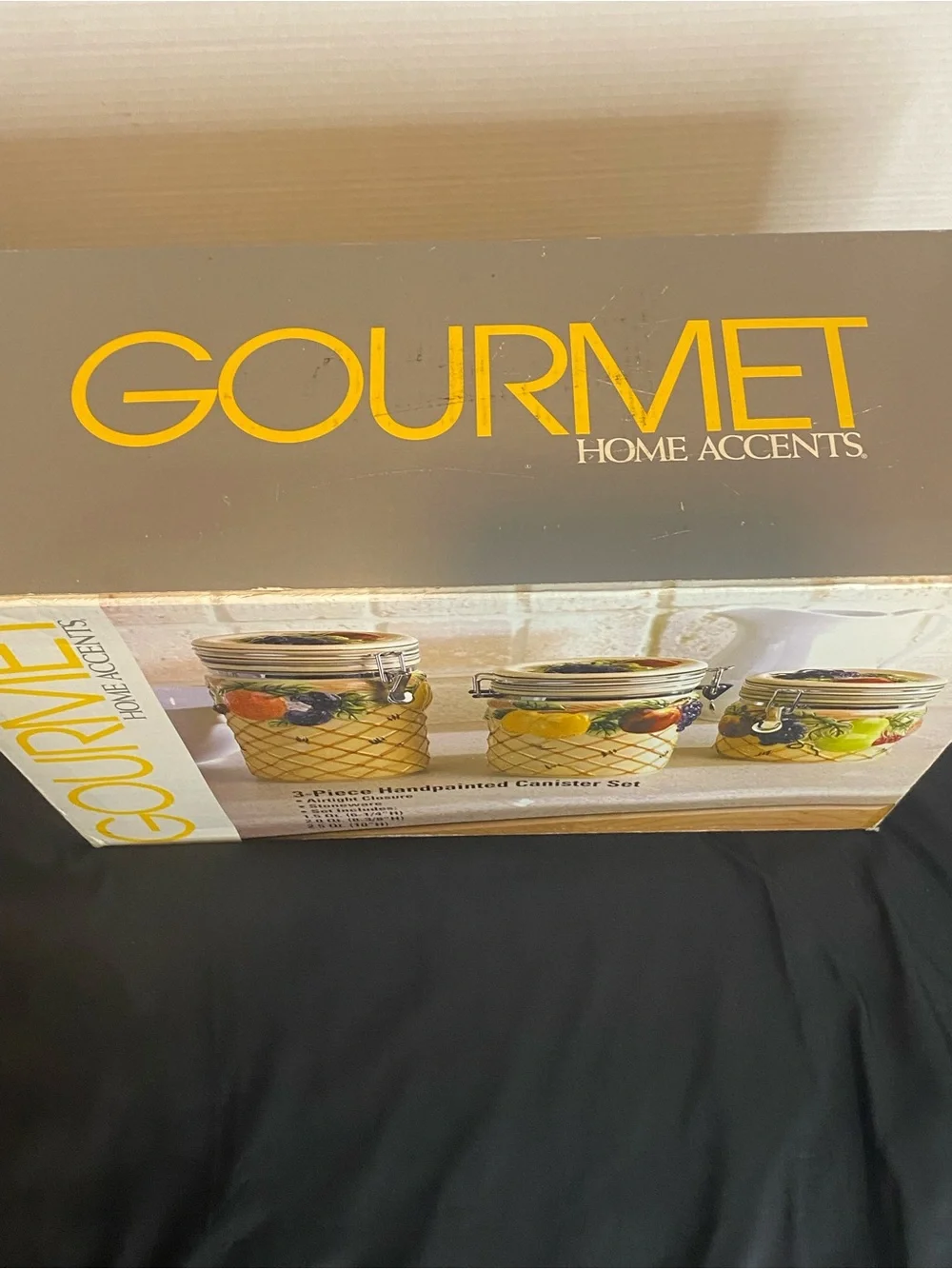 Vintage Gourmet 3 Piece Hand Printed Canister Set with Lids NIB Never Used Rare